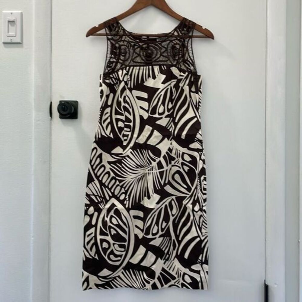 Danny & Nicole Womens Sleeveless Brown Cream Leaf Pattern Dress 4P